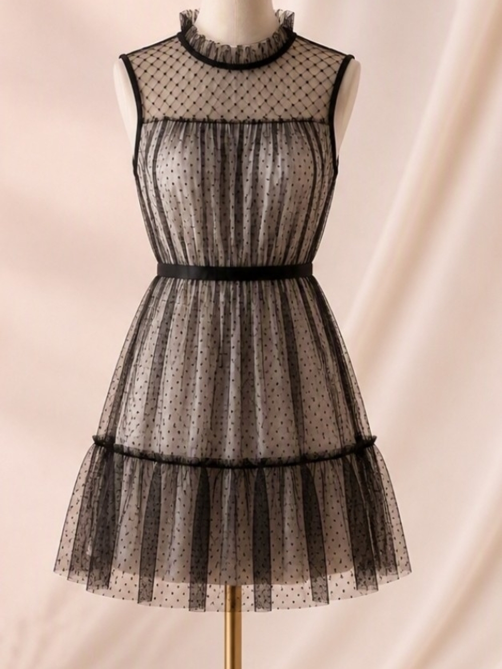 Sheer Black Sleeveless Tiered Dress With Belt Size M Brand New